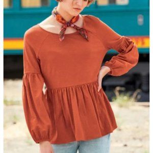 PERUVIAN CONNECTION burnt orange peplum ruffle hem top size XS